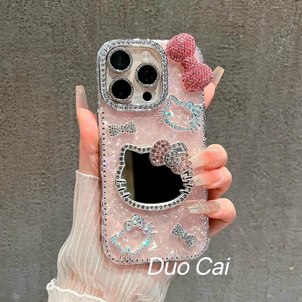 Linda Funda con Espejo Brillante Niña para iPhone 17 16 Pro Max 15 14 13 12 con Cadena Foto 2 de 4