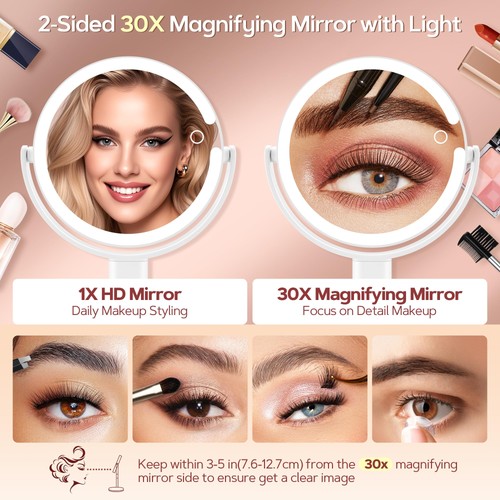 Mirror with Lights 30X Magnifying 2 Sided Rechargeable 30X-White Vanity Beauty - Picture 3 of 5