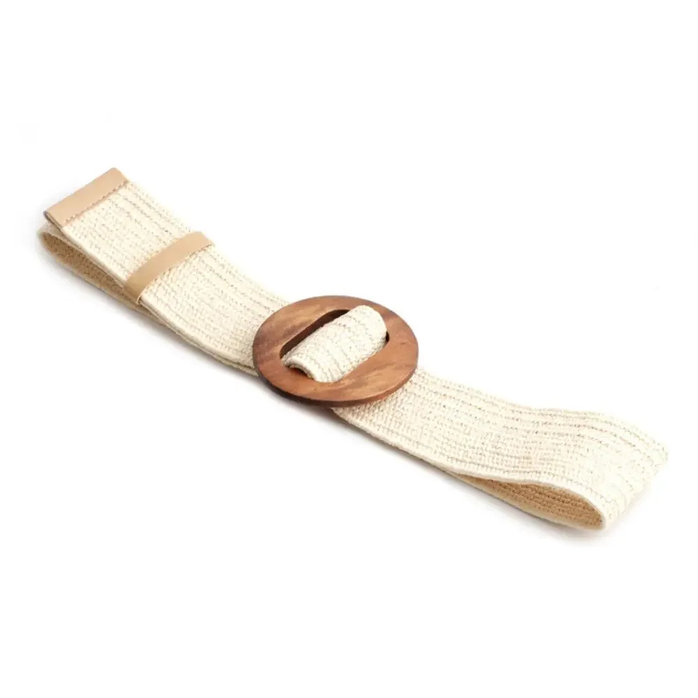 Women's Dress Belt Elastic Straw Woven Wide Strap Round Wooden Buckle Casual