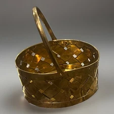 Vintage Round Brass Woven Basket India W/Handle Metal Decor Trinket Flowers NICE