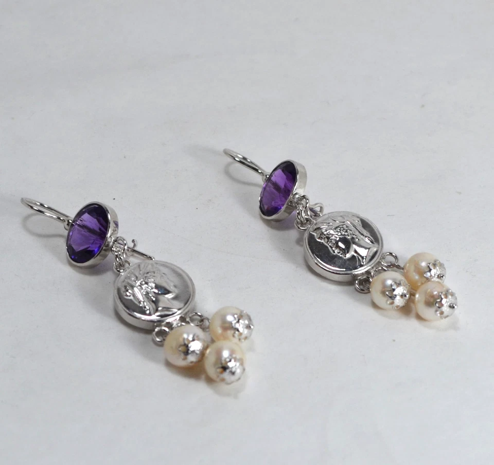 ORECCHINI ARGENTO 925 AMETISTA IDROTERMALE PERLE AKOYA BAROCCHE 8 mm AGHT 011 - Immagine 2 di 3
