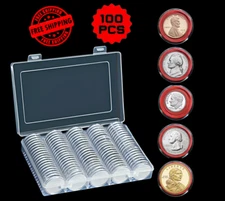 100 PCS 30MM Clear Round Coin Capsules Plastic Coin Holders & Red Gaskets & Box