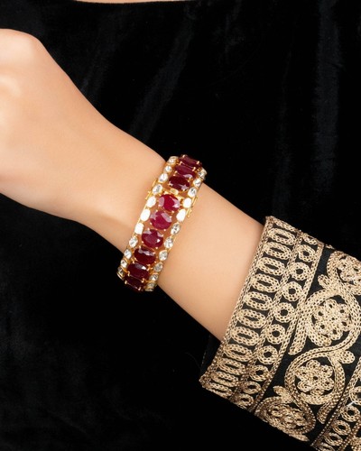 925 Sterling Silver Ruby Gemstone & Rose Cut Polki Victorian Openable 1PC Bangle - Picture 9 of 10