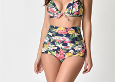 Unique Vintage Swim Navy Blue  Tropical Floral Monroe Bikini Bottoms - SMALL