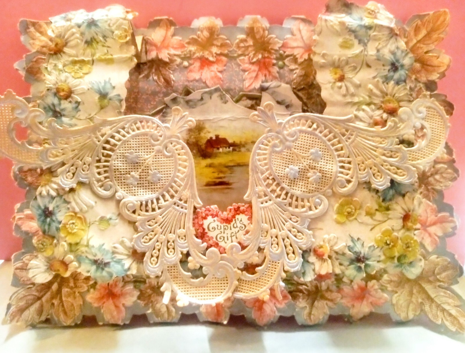 Antique Victorian Paper Lace Scrap Die Cut VALENTINE'S DAY CARD Gold 1900s Cupid