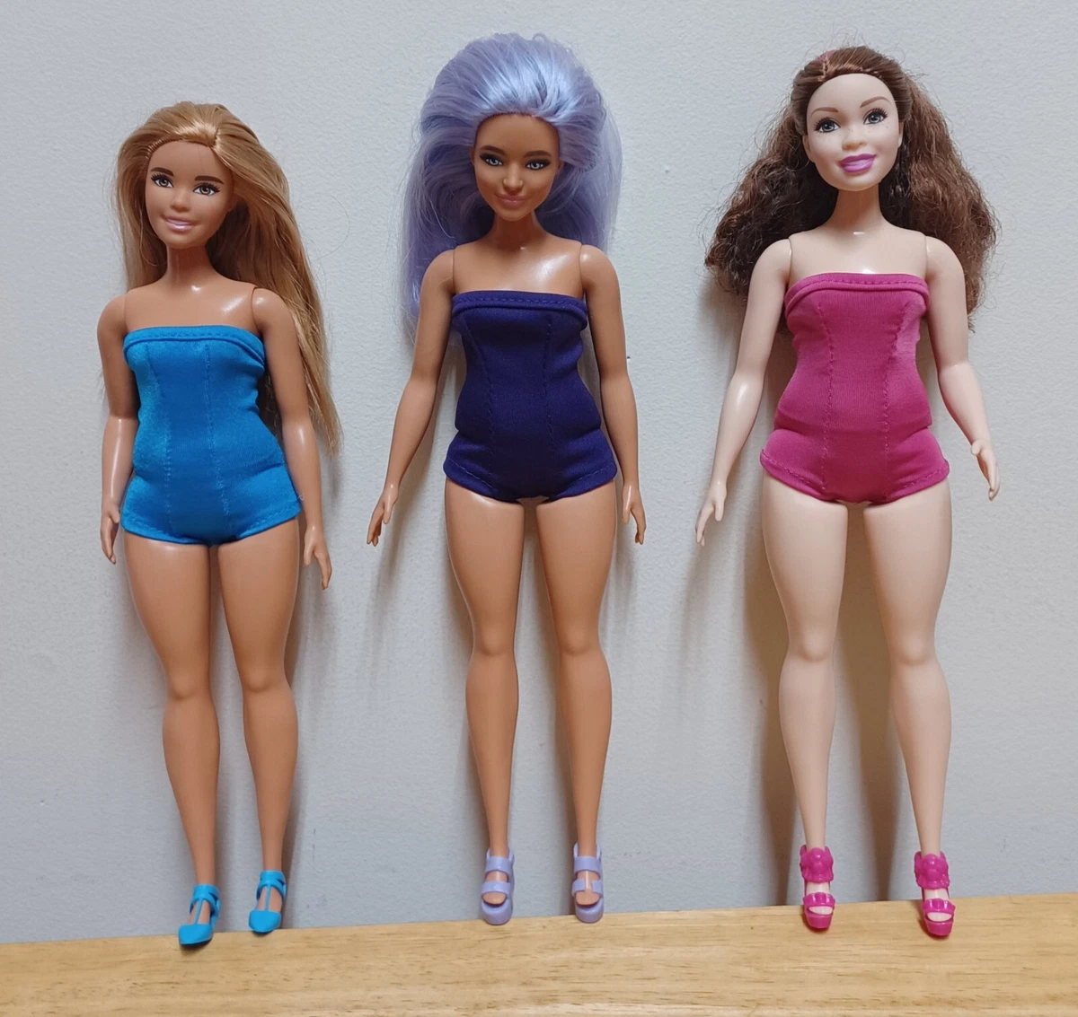 Curvy Barbie 11 1/2 Doll Clothing 3 swimsuits, Blue, Purple, Pink