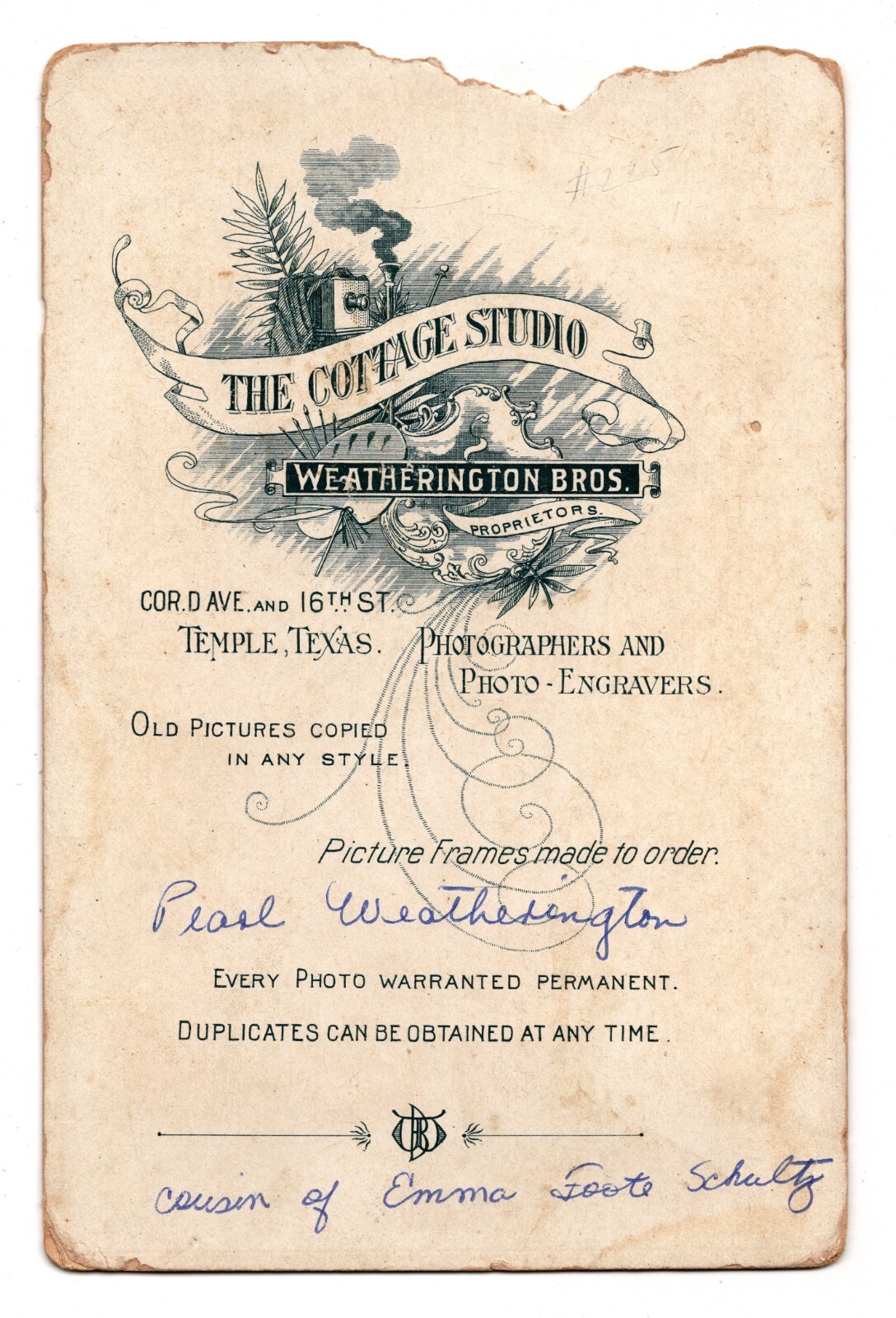 C. 1890s CABINET CARD COTTAGE STUDIO LITTLE GIRL HOLDING UMBRELLA TEMPLE TEXAS — additional view