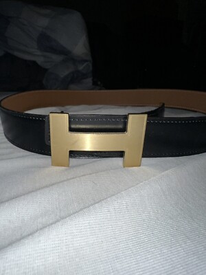 Hermes Reversible Leather Strap 32mm,Noir/gold. Belt Size 85 