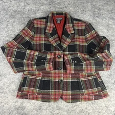 The J. Peterman Company Wool Blazer Jacket Plaid Red Green Black Size 14 Vintage