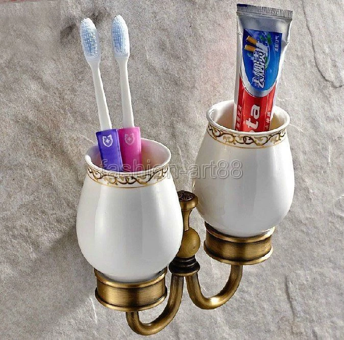 Antique Brass Wall Mounted Bathroom Toothbrush Holder Set Ceramic Cups fba495 - Image 4 of 4