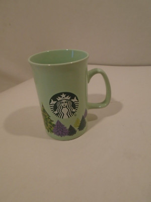 Starbucks Coffee Mug  11 Oz mint Green+purple Pine Trees Christmas 2020 Ceramic