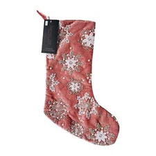 Rachel Zoe Peach & Silver Beaded Jeweled Christmas Holiday Stocking 22"