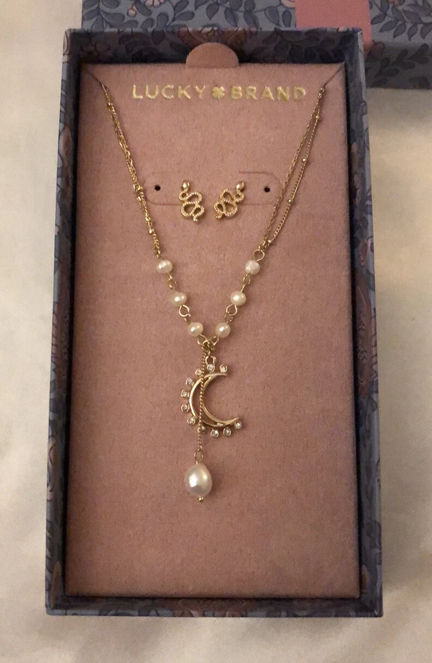 Aretes de serpiente y collar colgante de luna Lucky Brand detalles de perlas nuevos con etiquetas Foto 3 de 4