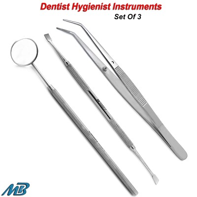 Set Of 3 Dentist Hygienist Tweezer Mouth Mirror Handle Dental Tarter Remover New