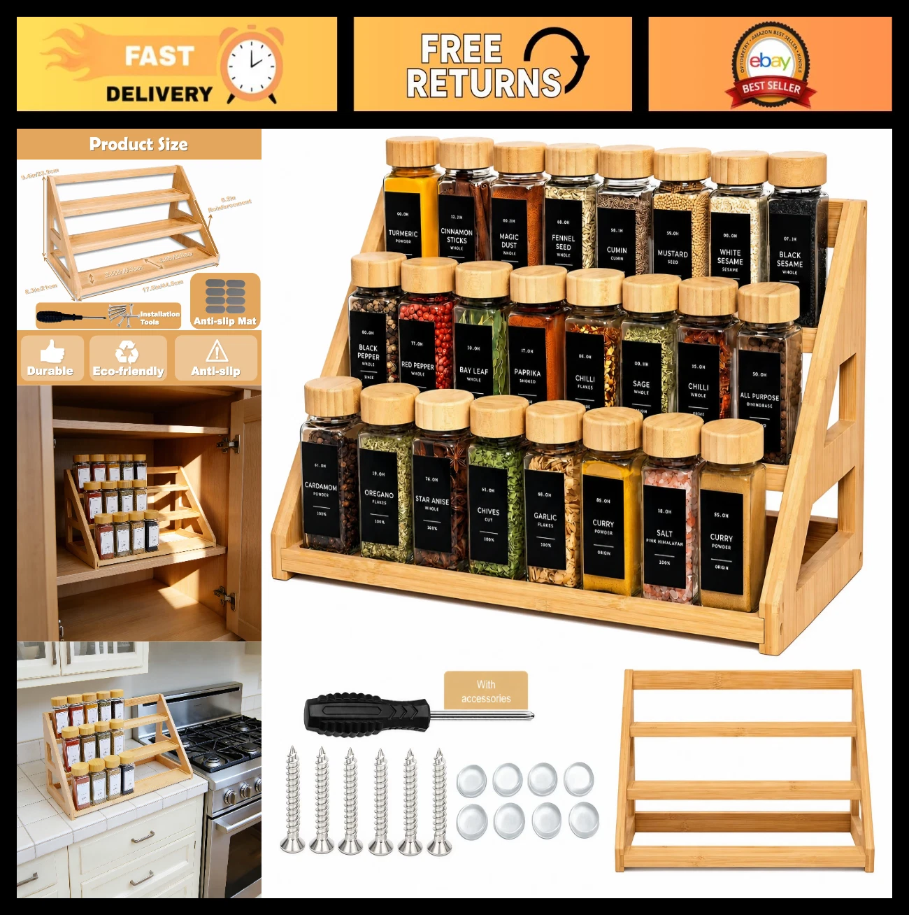 17.5 Inch Bamboo Spice Rack Organizer - Kitchen Countertop & Cabinet Storage Sol