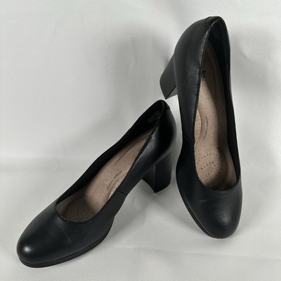 Clarks Bayla Skip Womens Pumps Sz 8.5 M Block Heel Black Leather Slip-On Shoes