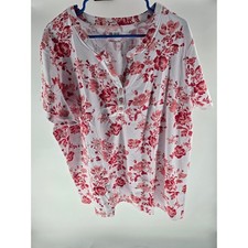 Blair Womens 3XL Floral Henley Top Short Sleeve Red White Button Front B34496
