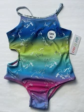NWT Dot & Zazz Girl Swim XS 4/5 Bathing suit 1pc Metallic Unicorn Swimsuit UPF50
