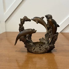 Vintage 1980s Partylite Brass Resin Dolphins Votive Candle Holder Tea Light