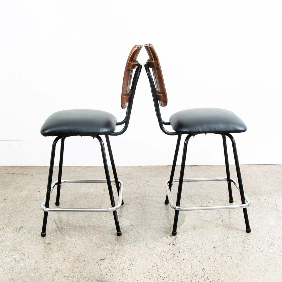 Juego de 2 taburetes de bar modernos Mid Century madera giratoria negra vintage americana Umanoff Foto 3 de 4