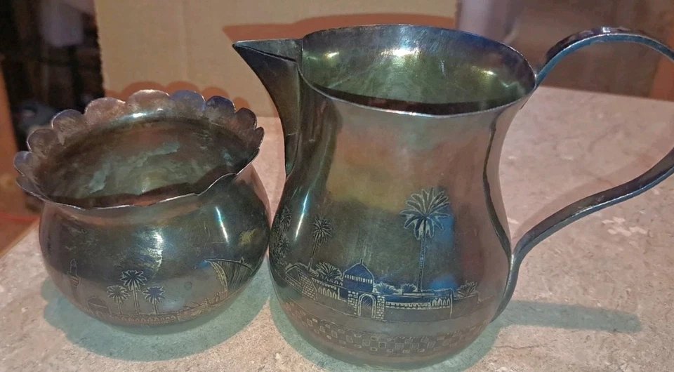 Ilha do Bahrein 1937 açúcar/creme gravado palmeiras cenário cidade banhado a prata - Imagem 3 de 4