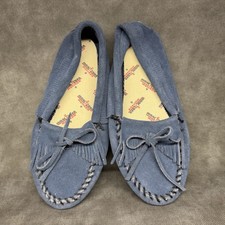 Minnetonka Moccasin Women s 7 Slip On With Bow Leather Suede Fringe Blue