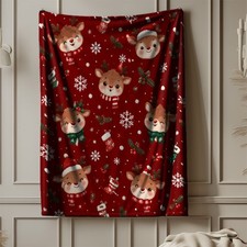 Christmas Reindeer Coral Fleece Blanket Woodland Holiday Decor