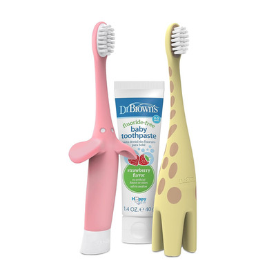 Variety Pack:  Infant to Toddler Giraffe and Pink Elephant Toothbrushes with Bab