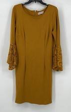 Nanette Lepore Mustard Dress Size 10 Below Knee Rounded Neck Back Zip Crochet