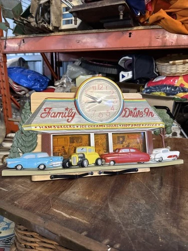 Vintage American Family Drive In Diner Wall Clock Burwood Hot Rod Cars Coca Cola