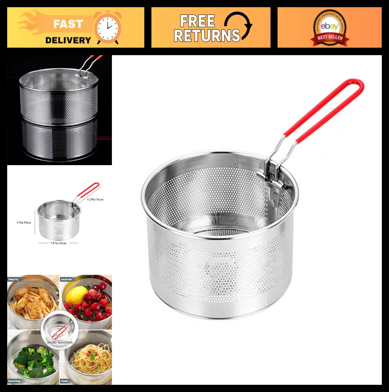 Stainless Steel Pasta Strainer Colander & Steamer Basket - 8" Removable Handle f