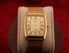 Vintage Seiko Slim Quartz Barrel Tank Golden Dial Golden Mesh Band Wrist Watch