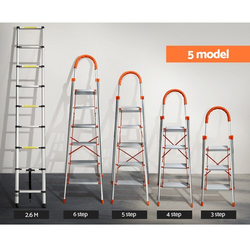 Giantz 3/4/5/6 Step Ladder Multi-Purpose Telescopic Folding Aluminium Non Slip - Picture 2 of 30