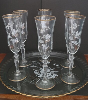 Vintage Italy Champagne Flutes Piecrust Glass Tray Hand Paint Butterfly Crystals