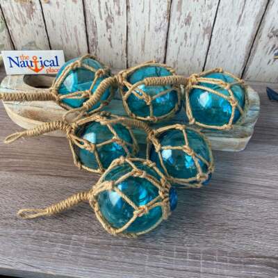 3'' Aqua Glass Fishing Floats, Light Blue Glass Balls, Hanging Beach Decor