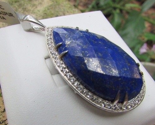 34.18 cts Lapis Lazuli Pendant in 925 Sterling Silver White Topaz Accents