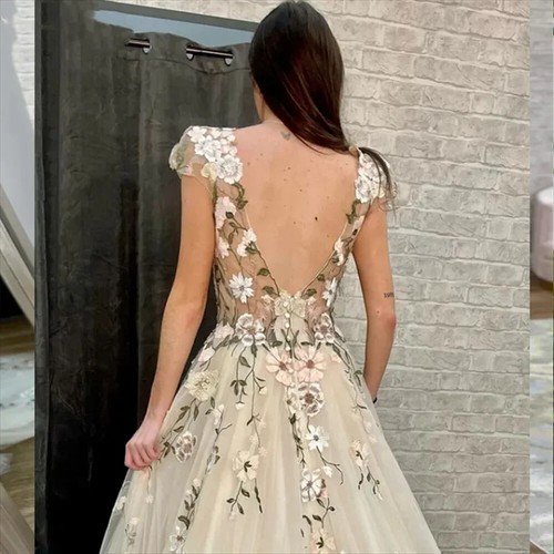 Boho V Neck Wedding Dresses Cap Sleeve Flowers Applique Backless Bridal Gowns - Picture 2 of 5
