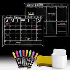 Acrylic Magnetic Calendar For  Fridge 2-Pack Weekly Monthly W/ 8 Color Markers
