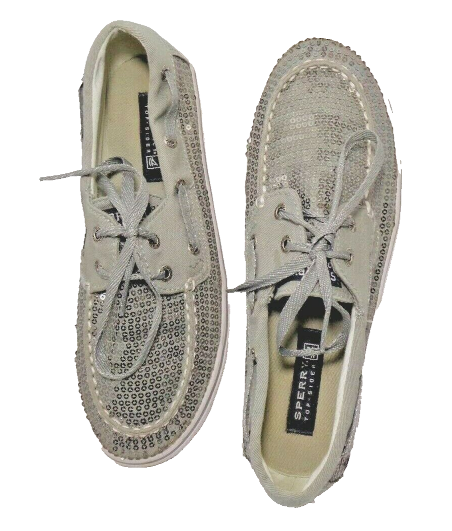 Sperry Shoes Womens M Top Sider Sequin Two Eye Boat Sneakers Silver