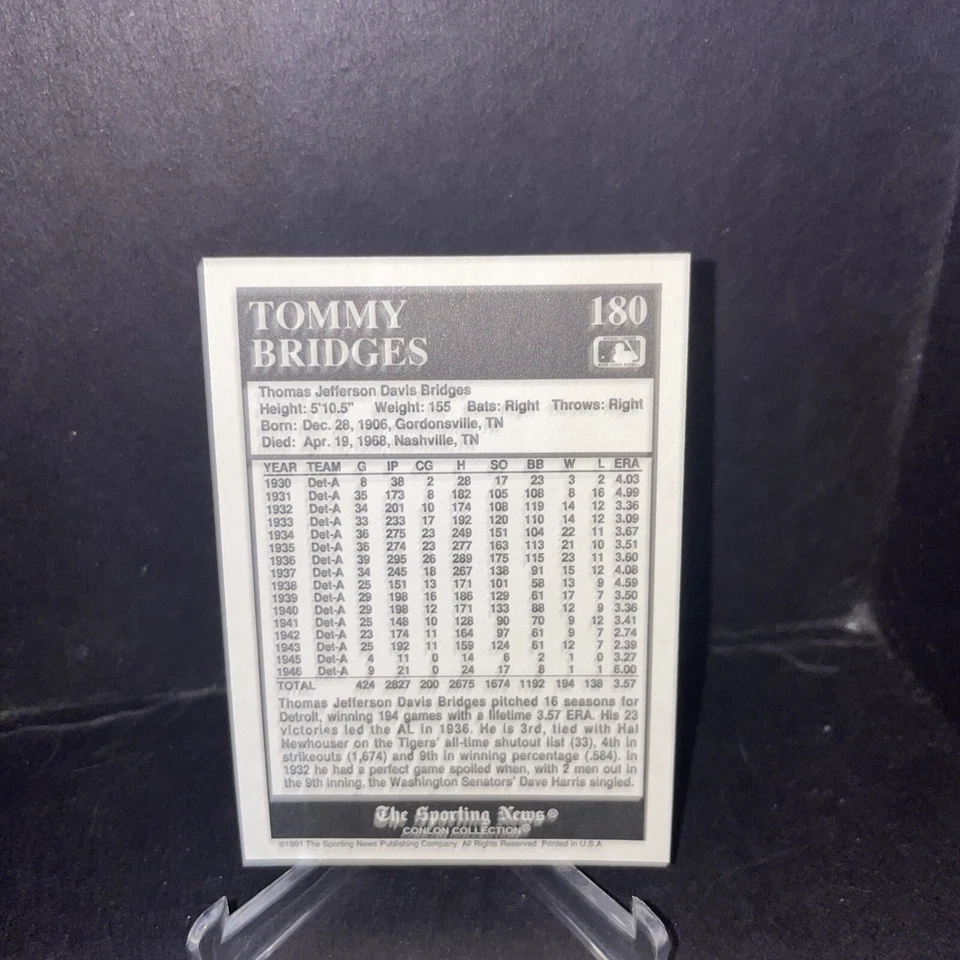 1991 CONLON COLLECTION TSN TOMMY BRIDGES DETROIT TIGERS #180 - Image 2 of 2