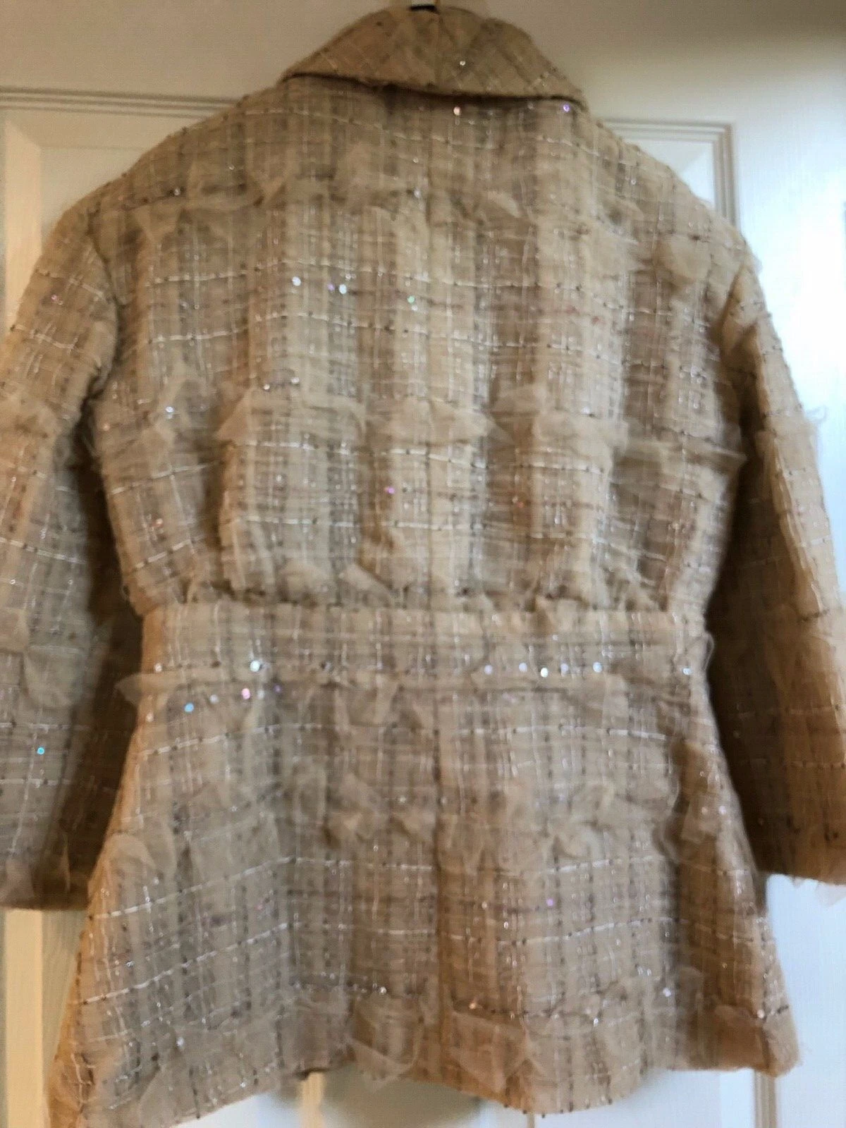 CHANEL 12P VINTAGE NUOVA GIACCA TWEED TULLE BEIGE PAILLETTES ARRUFFATE CC FR38 40 $13K