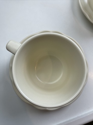 4 Pfaltzgraff Tea Rose Flat Cup & 8 Saucer Sets Stoneware Pink Roses Blue - Picture 4 of 9