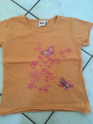 TOPO T-Shirt mit Schmetterlingen und Blumen bestickt Perlen orange rosa  Gr.116