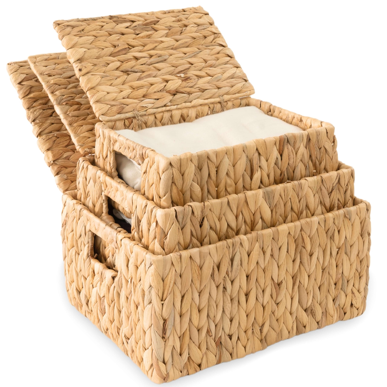 Wicker Storage Baskets with Lids Set of 3 Decorative Organizing Bins-image