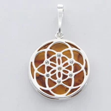 Cognac / Brown BALTIC AMBER Round Seed of Life Pendant 925 STERLING SILVER 4962e