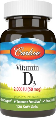 Carlson Vitamin D3,2000 IU (50 mcg),Bone Muscle Health,Vitamin D3 120 Soft Gels 