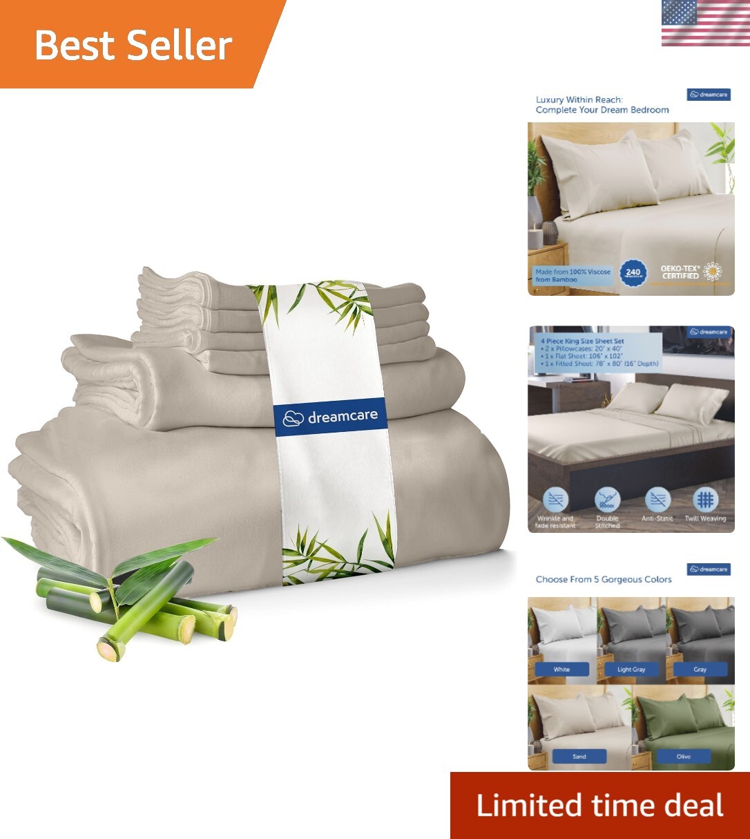 King Size Bamboo Sheets 4-Piece Set Silky Soft Cooling Deep Pocket Bed Sheets