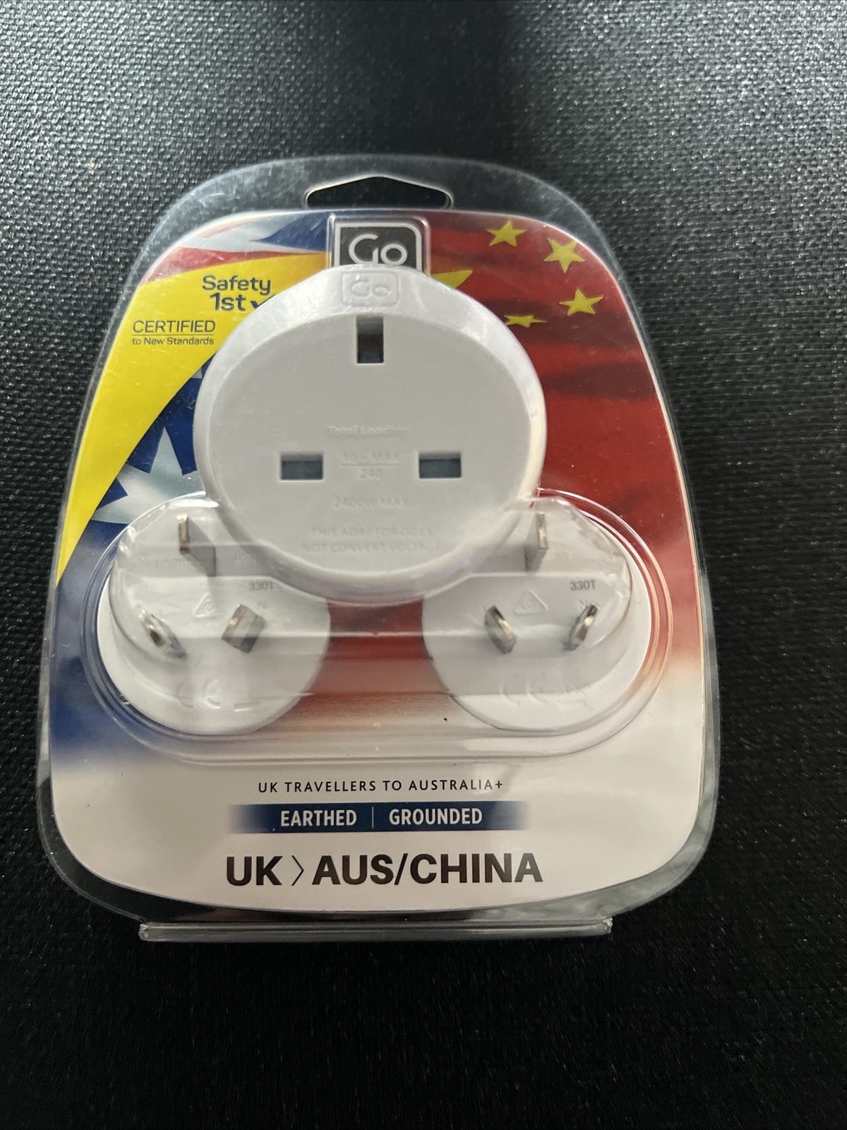 TRIPLE PACK  ""GO TRAVEL"" EARTHED TRAVEL ADAPTORS,  UK > AUSTRALIA / CHINA,