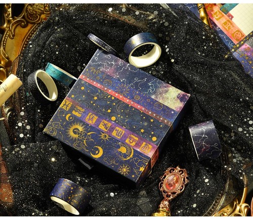 "Galaxy Washi Tape Set - 20 Rolls with Gold & Silver Stamping, Starry Designs" - Picture 8 of 24