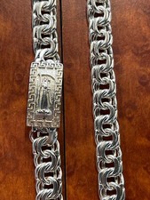 925 Sterling Silver 7mm 24 Inch Chino Link Chain with Prayers Santa Muerte 55g